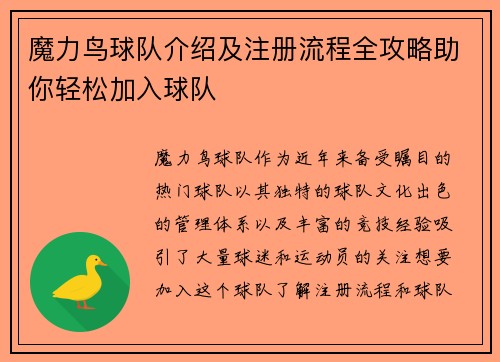 魔力鸟球队介绍及注册流程全攻略助你轻松加入球队 魔力鸟球队介绍及注册流程全攻略助你轻松加入球队
